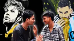 পেছনে দেয়ালে ফুটবল তারকা নেইমার ও মেসির ছবির সামনে দুই সমর্থকের তর্ক