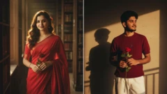 Ai generated images: a man and a woman wearing red outfits while holding a red rose.