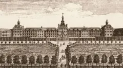 طرحی از نمای دور عمارت بیمارستان و محوطه پیرامونش