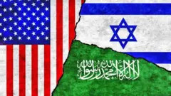 Bandeiras sobrepostas dos Estados Unidos, Israel e Arábia Saudita