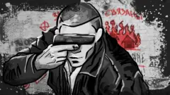 Рисунок, на котором изображен человек, закрывающий лицо пистолетом
