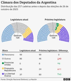 Gráfico mostra a distribuição das cadeiras por partido na Câmara dos Deputados da Argentina, comparando a legislatura atual com a próxima.