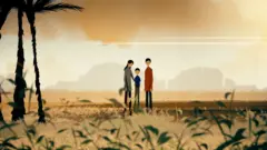 කාන්තාවක් සහ පිරිමි පුද්ගලෞඑකු දරුවෙකු සමග නිදස පරිසරයක සිටින ආකාරය මෙහි දකෙන අතර ඈතින් කඳු වළල්ලක් සහ ගස් කිහිපයක් පෙනේ.