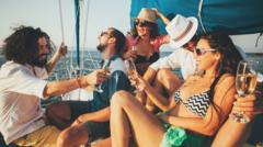 Jovens amigos brindando com taças de champagne em barco