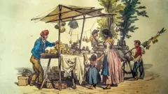 Um desenho de um vendedor em uma barraca vendendo algo para uma mulher com uma criança