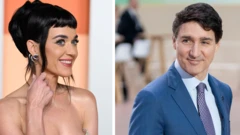 комбо фотографија лево Кејти Пери у светлој хаљини без бретела, са везаном тамном косом у пунђу, руком држи један прамен, десно Трудо у плавом оделу смешка се 