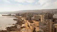 صورة جوية تظهر فرق الإنقاذ وهي تبحث عن جثث على الشاطئ، في أعقاب الفيضانات في درنة، ليبيا.
