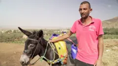 شاب ينقل المساعدات على ظهر حمار