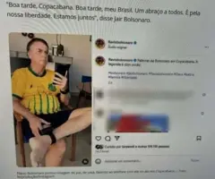 Una publicación en la que una foto en la que sale Jair Bolsonaro, con una camiseta amarilla, sentado viendo su teléfono en la sala de su casa, se acompaña con el título: "Buena tarde Copacabana. Buena tarde mi Brasil. Y por nuestra libertad. Estamos Juntos", dice Jair Bolsonaro".