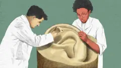 رسم مجازي يجسد طبيبين يدرسان مُجسماً لأذن ضخمة الحجم