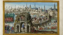 Pintura retrata encenação na festa brasileira em Rouen para a entrada do rei Henrique 2º, em 1550