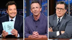 Composición fotográfica que muestra a los presentadores de TV Jimmy Fallon, Seth Meyers y Stephen Colbert