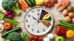 Тарілка у формі годинника, оточена свіжими продуктами, ілюструє інтервальне голодування