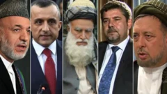 چهره چند چهره مطرح سیاسی افغانستان که در یک قاب تصویر جمع شده‌اند. از راست، محمد محقق، رحمت‌الله نبیل، عبدالرب رسول سیاف، امرالله صالح و حامد کرزی