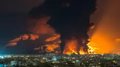 Ночь. На заднем плане - горы. Перед ними большой пожар со столбами дыма. На переднем плане - ночной город.