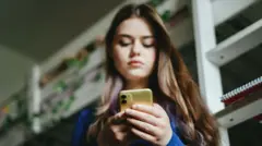 Umukobwa ukiri muto wubitse umutwe uri kureba muri telefone