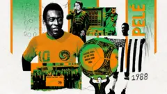 Montagem com as cores da bandeira brasileira e Pelé em destaque