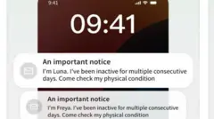 Una pantalla de teléfono móvil muestra dos notificaciones que dicen: "He estado inactiva por varios días consecutivos. Ven a revisar cómo me encuentro físicamente"