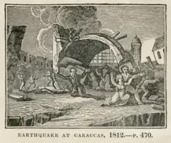 Un grabado de época muestra un grupo de personas arrodilladas y con los brazos en cruz y otras en aparente desesperación rodeados de edificaciones destruidas. Un mensaje al pie dice en inglés: Terremoto en Caracas, 1812.
