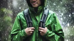 osoba sa rancem na ledjima, drzi se za rucke, obucena u vodootpornu jaknu zelene boje, vidi joj se samo brada, oko nje pada kisa.