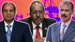 ከግራ ወደ ቀኝ ፕሬዝደንት አል-ሲሲ፣ ፕሬዝደንት ሐሰን ሼክ ሞሐመድ እና ፕሬዝደንት ኢሳይያስ አፈወርቂ 