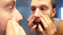 Hombre mirándose al espejo los ojos 