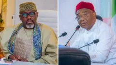 Collage of images of Rochas Okorocha and Hope Uzodimma