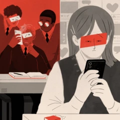 Ilustração de uma adolescente olhando para o telefone celular e, ao fundo um grupo de três meninos fazendo o mesmo
