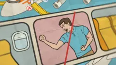 Ilustração em estilo de história em quadrinhos mostra um passageiro sentado dentro de um avião, gritando e gesticulando de forma agressiva, enquanto outros assentos e passageiros aparecem ao redor.