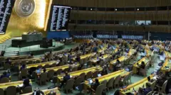 Una vista del salón de la Asamblea General durante una votación.
