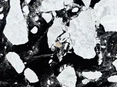 Imagen que muestra mar oscuro y muchos bloques de hielo, con un pequeño círculo en medio de color beige, que es la isla.