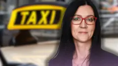 Колаж - Жінка з довгим темним волоссям та окулярах у червоній оправі на тлі автомобілю таксі