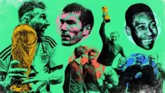 Ilustração de finais da Copa do Mundo, com Lionel Messi, Zinedine Zidane, Pelé e a seleção inglesa campeã de 1966