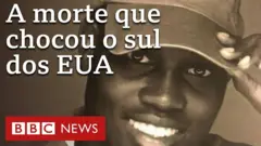 Foto de Ahmaud Arbery segurando o boné e o texto: a morte que chocou o sul dos EUA