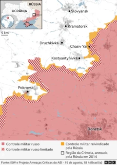 Mapas mostrando as principais cidades da região oeste de Donetsk