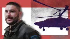 Колаж вертоліт Ка-52 і командир батальйону Максим Богачук