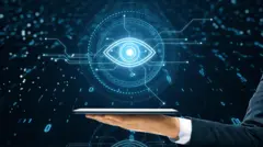 ဆိုက်ဘာသူလျှိုနည်းပညာ ဟိုလိုဂရမ်နဲ့ လက်ကိုင်မိုဘိုင်းဖုန်းကို ကိုင်ဆောင်ထားတဲ့အမျိုးသား၊ အင်တာနက် ထိန်းချုပ်မှုကို မျက််လုံးအတုနဲ့ စောင့်ကြည့်နေတဲ့ သရုပ်ဖော်ပုံအဟောင်းဖြစ်ပါတယ်။