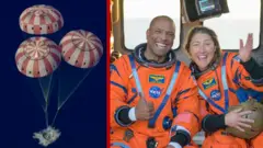 正直號太空艙濺落太平洋（左；11/4/2026）與阿提米絲二號其中兩名太空人（右）