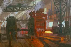 A pintura Eisenwalzwerk, do artista Hans Baluschek, retrata uma cena industrial dentro de uma grande fábrica ou fundição, com operários operando máquinas pesadas. Uma enorme prensa ou máquina de forja brilha com calor intenso enquanto processa metal quente. O espaço está cheio de fumaça e vapor, com a luz natural entrando pelas janelas altas, criando uma atmosfera dramática de trabalho intenso e atividade industrial.