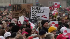 毛糸帽などで寒さ対策をした、大勢の老若男女が集まっている。紅白の上下に紅白を逆にした円が配置されているグリーンランドの旗や、赤字に白十字のデンマークの旗を大勢が掲げている