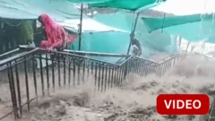 குஜராத்: மலை கோவிலின் படிகளில் நீர் வீழ்ச்சிபோல் பாய்ந்த வெள்ளம்