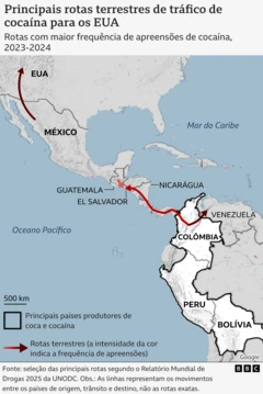 Mapa que mostra as rotas terrestres de tráfico de cocaína da América Latina para os Estados Unidos