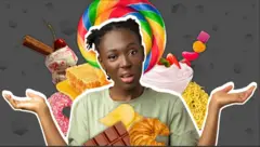 Picha inaonyesha mwanamke mbele ya mchoro wa pipi na chipsi.