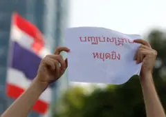 Mandatory Credit: Photo by NARONG SANGNAK/EPA/Shutterstock (15415115f)
An activist holds a sign reading 'Ceasefire' in Thai and Cambodian language during a rally to call for an end to the recent border conflict between Thailand and Cambodia in Bangkok, Thailand, 26 July 2025. Clashes between Thai and Cambodian troops continued on 26 July despite Cambodia's call for an immediate ceasefire. According to the Thai government, 19 people have been killed in Thailand, including 13 civilians and six soldiers, and nearly 140,000 residents have been evacuated amid the escalating violence.
Protesters in Bangkok call for end of Thai-Cambodian border dispute, Thailand - 26 Jul 2025