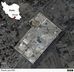 Annotated satellite image of a site in Minab, southern Iran. A school building, outlined in yellow, sits directly adjacent to a larger area outlined in white and labelled “IRGC compound". A label notes that a wall separating the two sites has been present since 2016. An inset map of Iran marks Minab with a red dot on the southern coast. The image includes scale bars, a Planet Labs PBC credit and BBC branding.