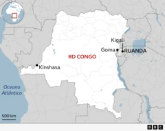 Mapa da República Democrática do Congo e sua localização no continente africano, mostrando a cidade de Goma