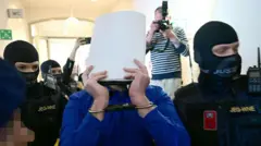 Zamaskowani funkcjonariusze w czarnych mundurach eskortują na salę sądową oskarżonego w kajdankach i granatowej bluzie. Mężczyzna zakrywa twarz plikiem papieru. 28 kwietnia 2026 r., sąd w austriackim Wiener Neustadt na obrzeżach Wiednia. 