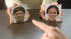 Person pointing at photograph of a woman