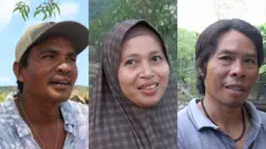 Kolase foto berisi tiga wajah warga Dusun Ebunut. Di sebelah kanan ada Damar, yang mengenakan kemeja berwarna bermotif abstrak, mengenakan kalung, dan topi. Di tengah ada Ayati Miati, seorang ibu rumah tangga yang mengenakan kerudung berwarna cokelat. Di bagian kanan ada Junaidi, yang mengenakan kaos polo abu-abu dan memakai kalung manik hitam.