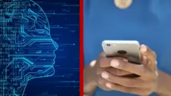 एआईको साङ्केतिक चित्राङ्कन र हातमा फोन बोकेकी महिला 